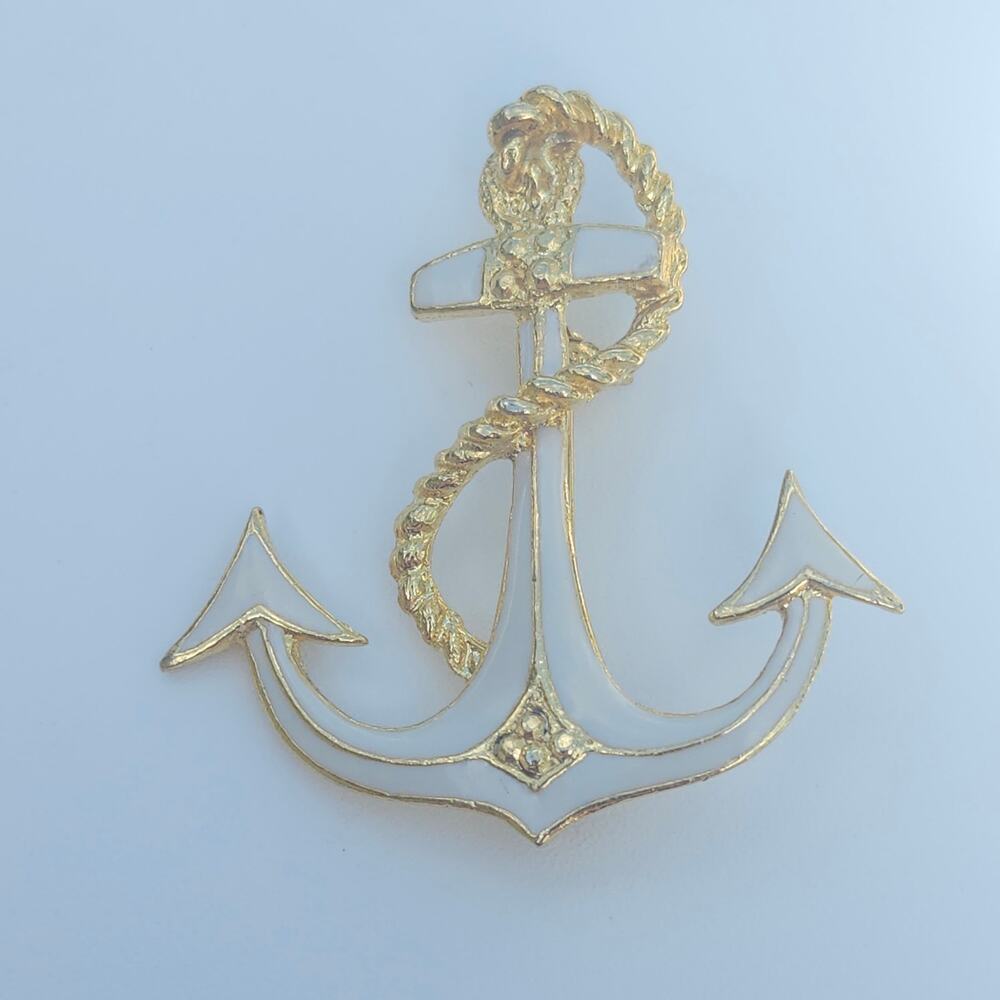 Vintage Gold Tone White Enamel Anchor Brooch Nautical Sailor Maritime Accessory